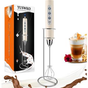 YUSWKO Beige Handheld Milk Frother Wand with Stand for Coffee, Rechargeable Electric Whisk with 3 Heads 3 Speeds Drink Mixer Coffee Frother For Latte, Cappuccino, Hot Chocolate, Egg