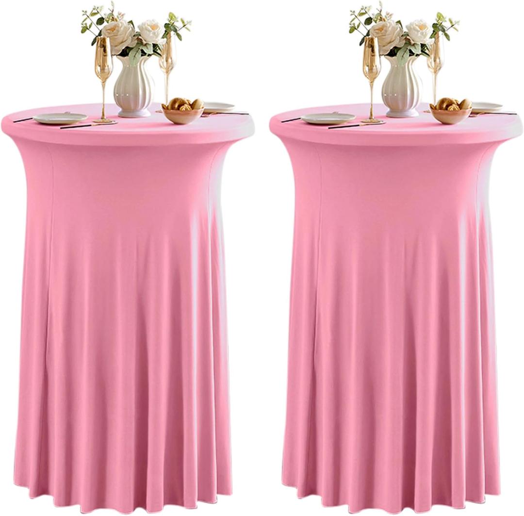 2 Pack Pink High Top Cocktail Tablecloth Stretch Cocktail Table Cloth with Skirt Fitted 32 inch Round Spandex Table Cloths for Party Wedding Banquet Birthday