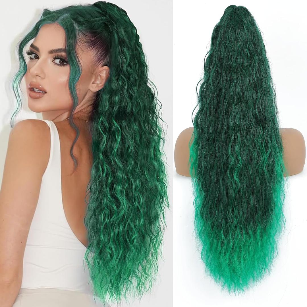 Claw Clip in Ponytail Extension 30 Inch Long Wave Curly Pony Tail Hair Extensions for Women fluffy Natural Looking Synthetic Hairpiece for Daily Use(Omber Green, 30Inch)