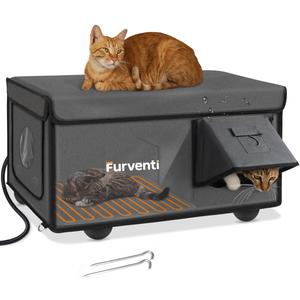 Outdoor Heated Cat House in Winter,Extremely Insulated & Weatherproof,Feral Cat Shelter with Waterproof Eaves & Escape Door for Outside Stray Barn Cat(Dark Grey,25.85"x16.3"x13.4")