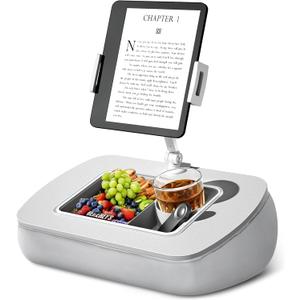 Tablet Stand Pillow with Snack Bowl, iPad Lap Holder for Hands-Free Reading and Relaxation on Bed, Couch, Recliner, 360 Rotating Clip for 4.7-13" Kindle, eBook, Tablet, iPhone (Light Gray)
