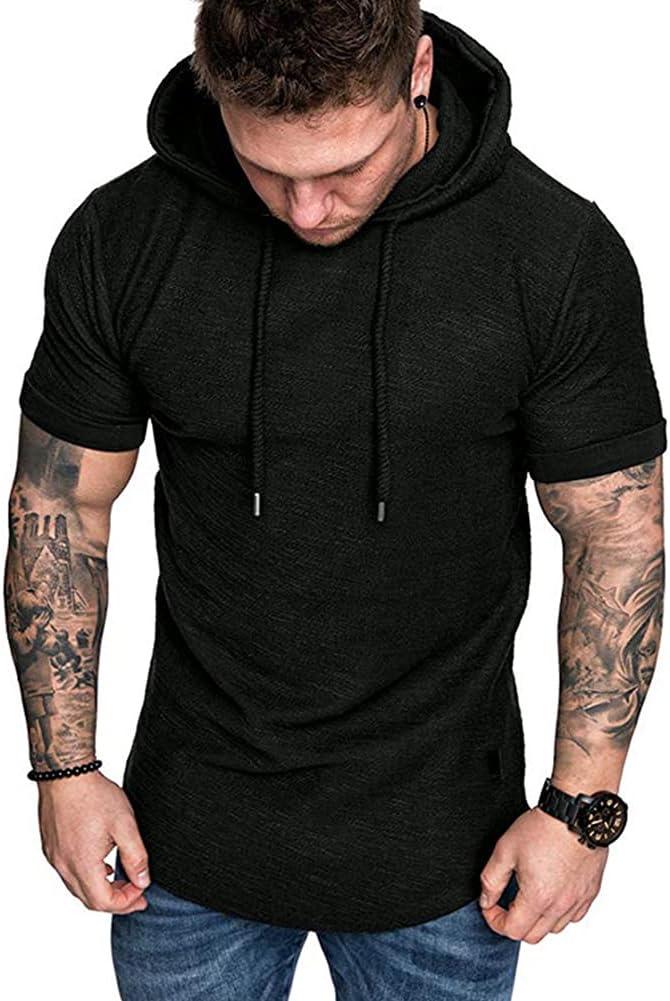 Wowcarbazole Men's Gym Hoodies Workout Sweatshirts Short Sleeve Athletic Muscle T-Shirts Pullover (Black, XXL)
