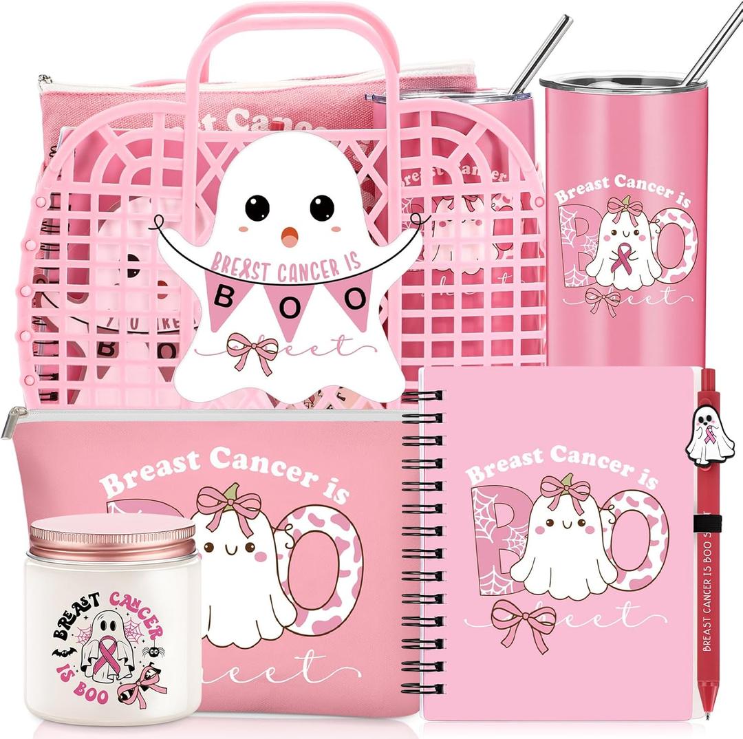 Roshtia 7pcs Christmas Breast Cancer Gifts for Woman Pink Boo Basket Tumbler Cup Handbag Makeup Bag Candle Notebook for Cancers Awareness Accessories Survivor Gifts(Breast Cancer)