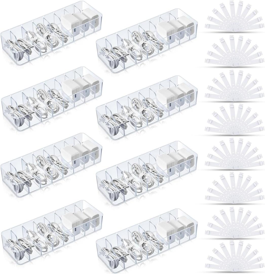 Tatuo 8 Pcs Cable Organizer with 80 Wire Ties, Plastic Cord Storage Charger Box Electronics Organizer with Adjustment Compartments Cable Storage for Drawer Home Office Desk Accessories (Clear)