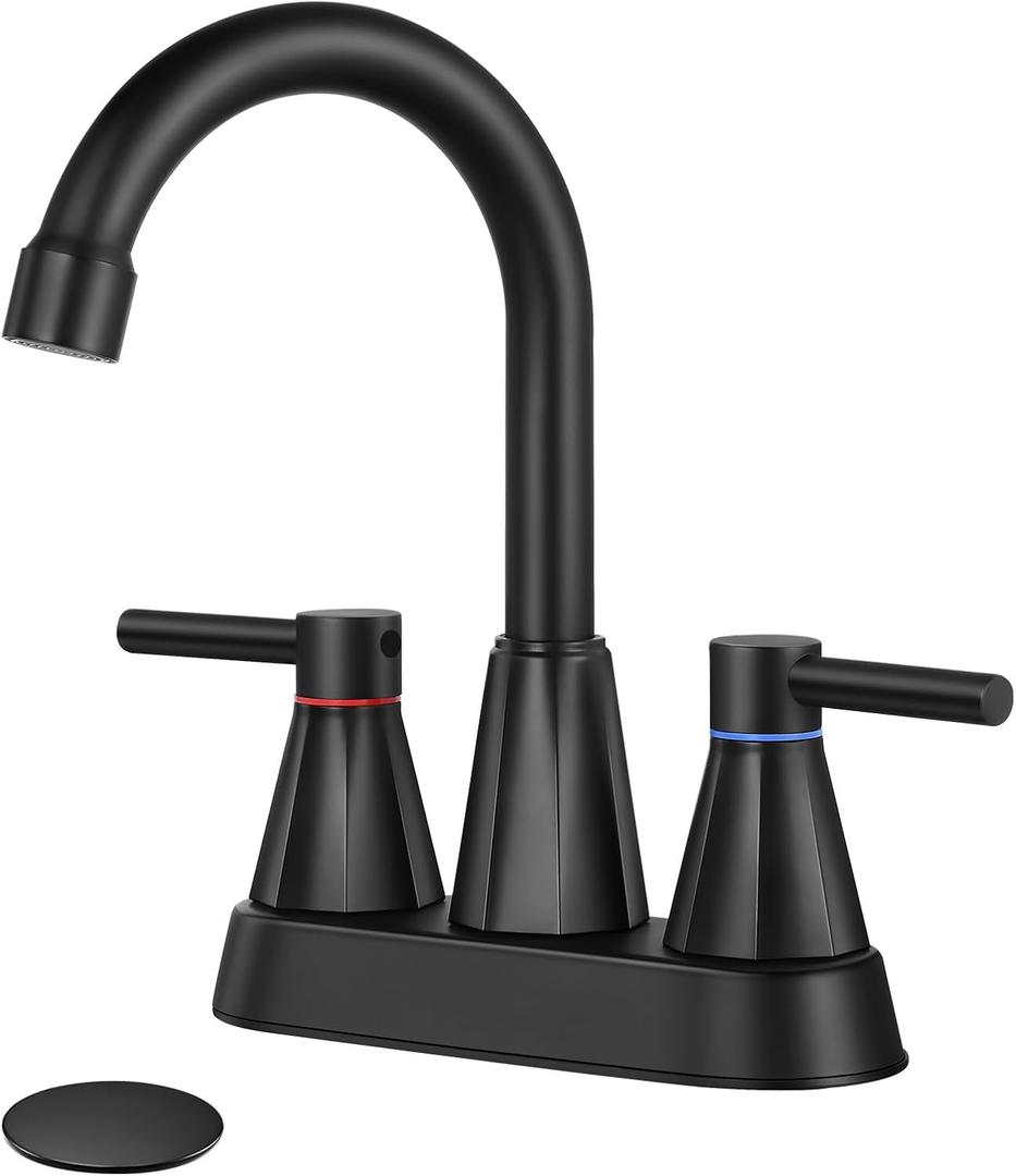 4" Bathroom Sink Faucet, 2-Handle Matte Black, Pop-Up Drain Included | 360° swivel spout, ceramic cartridge, 20% water-saving aerator, RV ready, 2-pack set