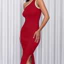 ZESICA Women's 2025 Summer One Shoulder Bodycon Midi Dresses Casual Sleeveless Ribbed Knit Side Slit Vacation Dress,Red,Medium (Red, S)