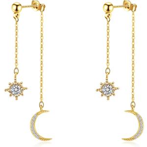 925 Sterling Silver Dangle Earrings for Women Moon and Star Earrings with Cubic Zirconia Celestial Jewelry for Wedding Jewelry Gifts (Gold)