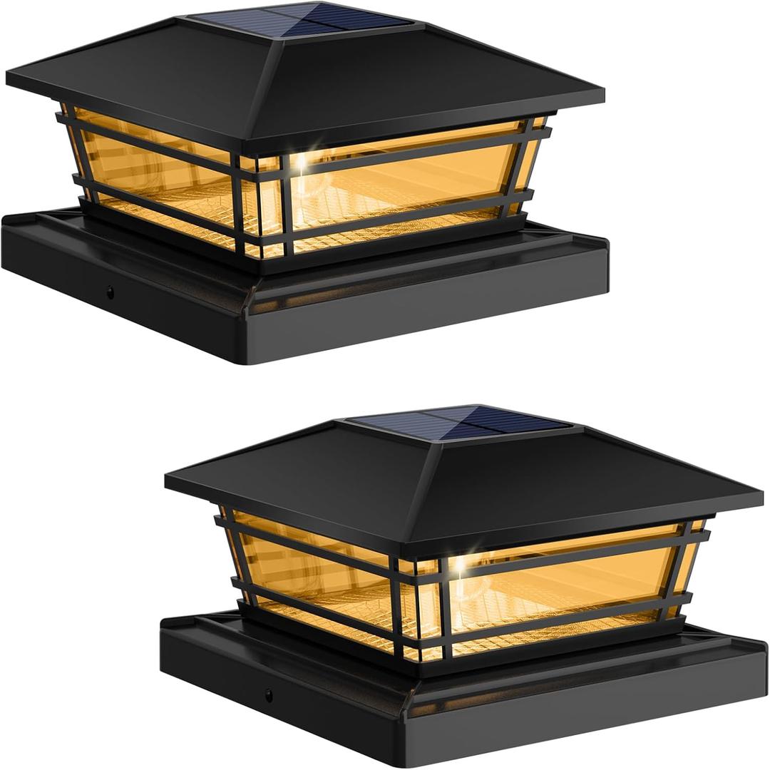 Solar Post Cap Lights Outdoor 2Pack [LED Bulb, 2 Brightness Setting] Fence Post Solar Lights Waterproof for 4x4 5x5 or 5.5x5.5 Wood Posts, Warm Bright Bulb Lighting for Garden Deck Yard (Black)