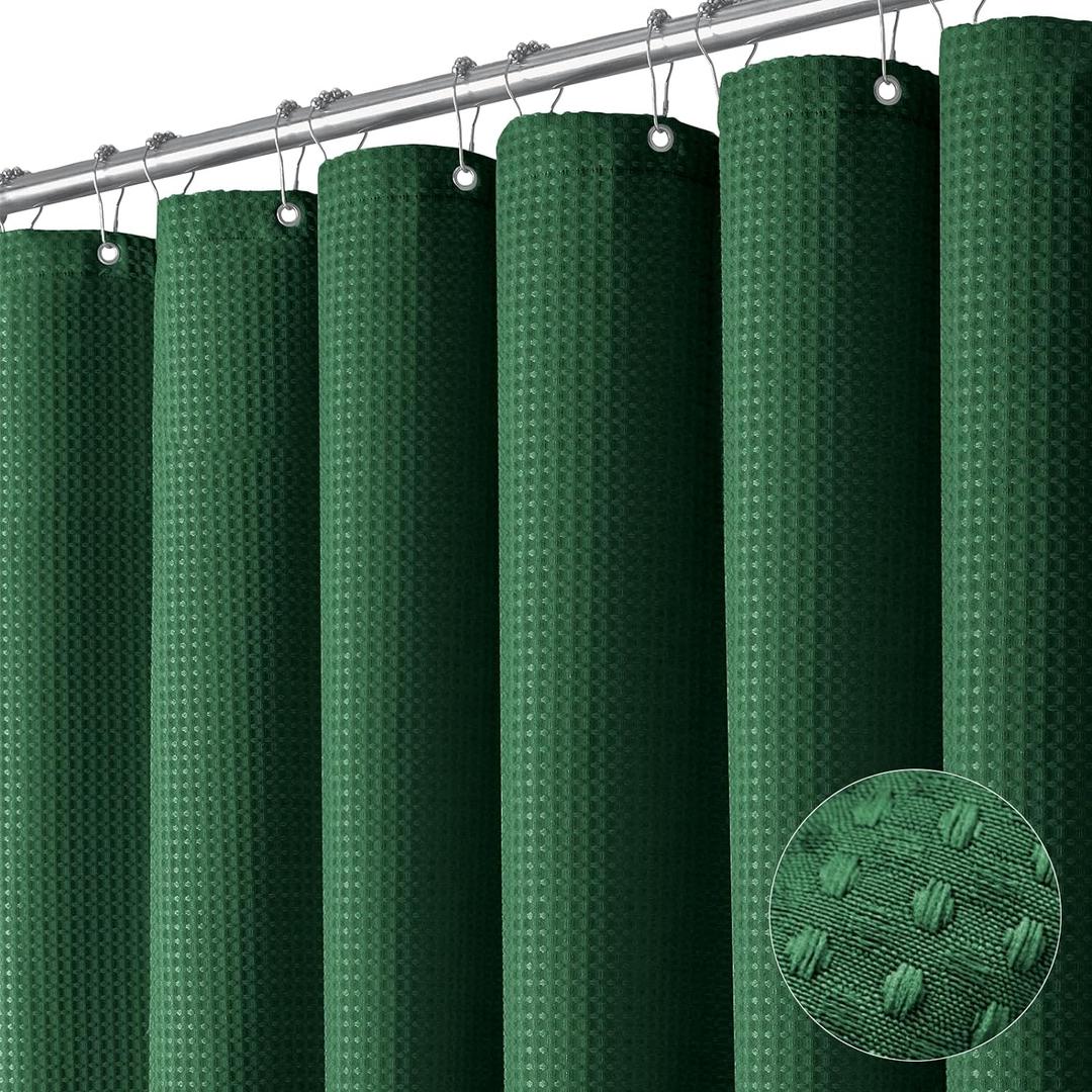 Dynamene Dark Green Fabric Shower Curtain - Waffle Weave Textured Heavy Duty Cloth Shower Curtains for Bathroom, 256GSM Hotel Luxury Weighted Bath Curtain Set with 12 Hooks,72x72, Dark Green