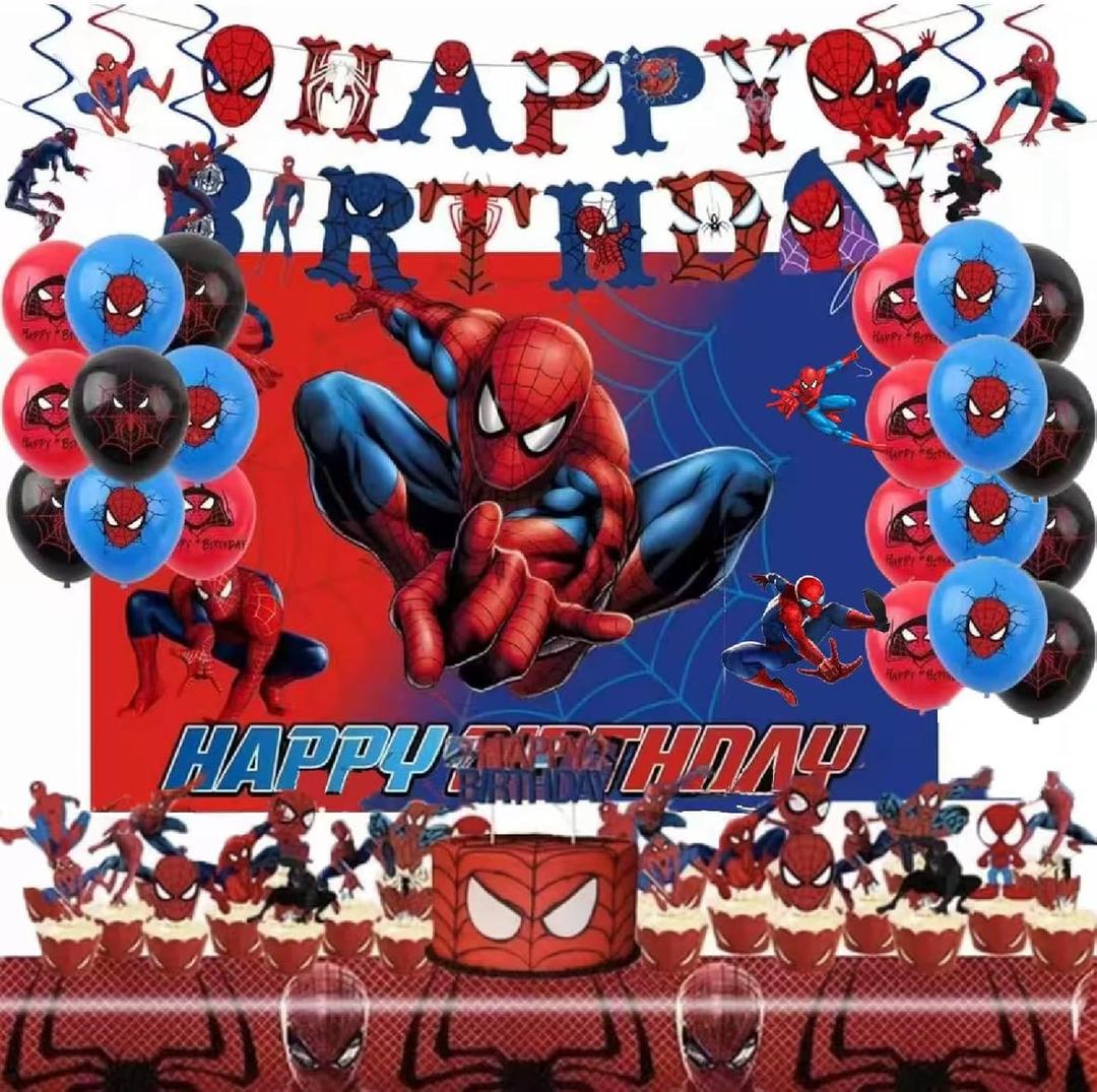 52pcs Spider Birthday Decorations Pack - Cartoon Spider Party Decorations Supplies with Balloons, Banner, Backdrop, Cake/Cupcake Toppers, Hanging Swirls & Tablecloth