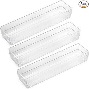 Pack of 8 LotFancy Clear Drawer Organizers, 12” x 3” x 2”, Set of 3, Drawer Organizer Trays for Desk, Plastic Storage Bins for Bathroom, Makeup, Utensils, Stackable