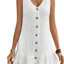 SOLY HUX Women's V Neck Button Down Mini Dress Sleeveless Ruffle Dressy Casual Summer Textured Dresses (Large, White)