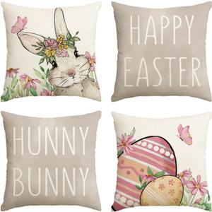 Happy Easter Hunny Bunny Grey Throw Pillow Covers, 18 x 18 Inch Easter Eggs Bunny Spring Cushion Case for Sofa Couch Set of 4