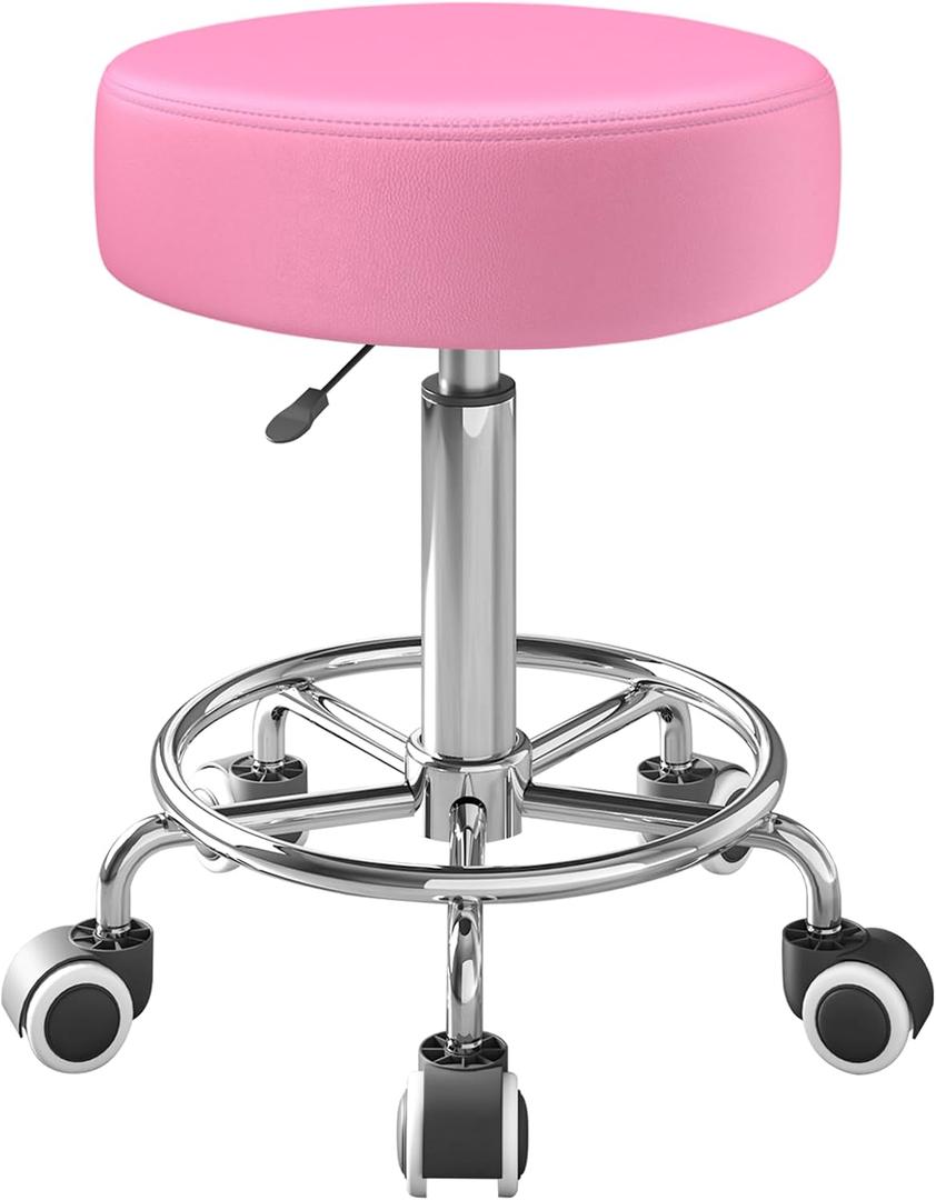 YEEZEE Rolling Stool with Wheels and Ultra Soft Cushion for Salon, Pink, 25.6 inches