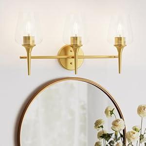 LPRZSG Bathroom Vanity Light Fixture, 3 Light Modern Gold Vanity Lighting fixtures, Lighting Fixtures Over Mirror, Wall Lamp with Clear Glass for Bathroom, Hallway, Bedroom with E26 Socket