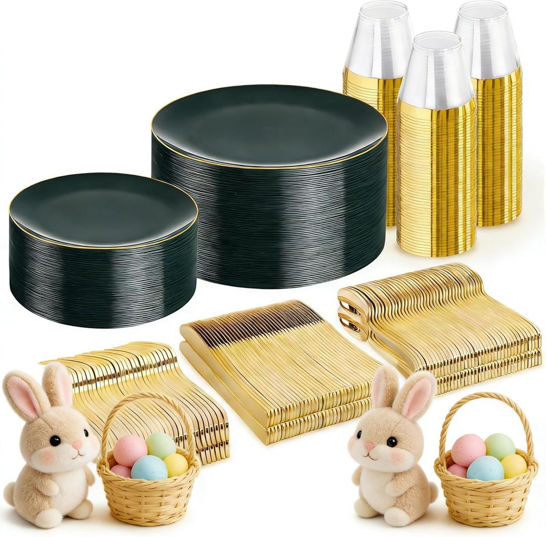 WDF 300Pcs Green Plates Disposable - Heavy Duty Green Plates - 50Guest Green Plastic Dinnerware Include 50 Dinner Plate, 50 Dessert Plate, 150 Cutlery & 50 9oz Cups for Parties/Wedding/Party/Easter
