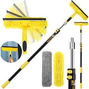 144'' Long Reach Window Squeegee with Telescoping Extension Pole,2 in 1 Shower Cleaning with Telescopic Pole,Extension Washing Tool with Rotatable Clean Head for Indoor/Outdoor High Window Glass