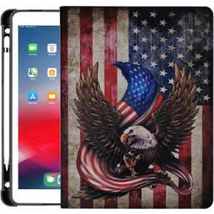 Slimshell Case for iPad 9th Generation/ iPad 7th 8th (10.2 Inch, 2021/ 2020/ 2019), [Built-in Pencil Holder] PU Leather Protective Stand Cover, Auto Wake/ Sleep, American Bald Eagle Flag