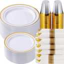 Goodluck 350 Piece Gold Plastic Dinnerware Set for 50 Guests, Fancy Disposable Plates for Party, Include: 50 Dinner Plates, 50 Dessert Plates, 50 Pre Rolled Napkins with Silverware, 50 Cups