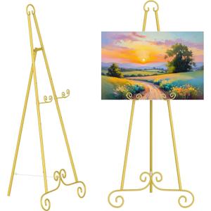 46" H Adjustable Metal Display Easel - Vintage Gold Scroll Design, Rust-Proof Metal Stand for Showcasing Pictures, Artlork, Picture Frame and Wedding Signs
