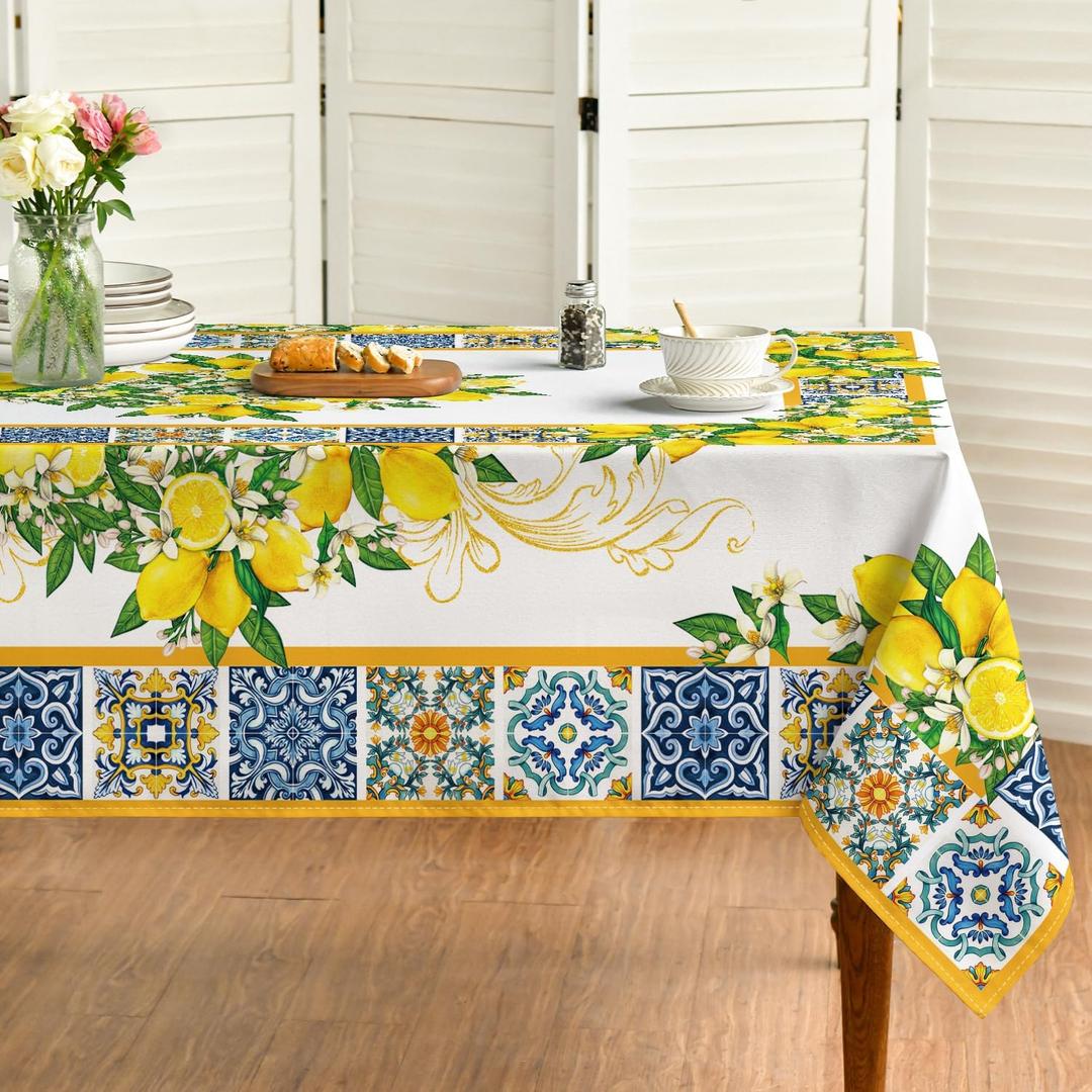Horaldaily Summer Tablecloth 60×84 Inch Rectangular, White Yellow Lemon Vintage Pattern Washable Table Cover for Party Picnic Dinner Decor
