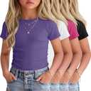 4 Pack Girls Short Sleeve Shirts Kids Side Ruched Ribbed Knit Tops Crew Neck Slim Fit Tees Summer Cute 5-14 Years