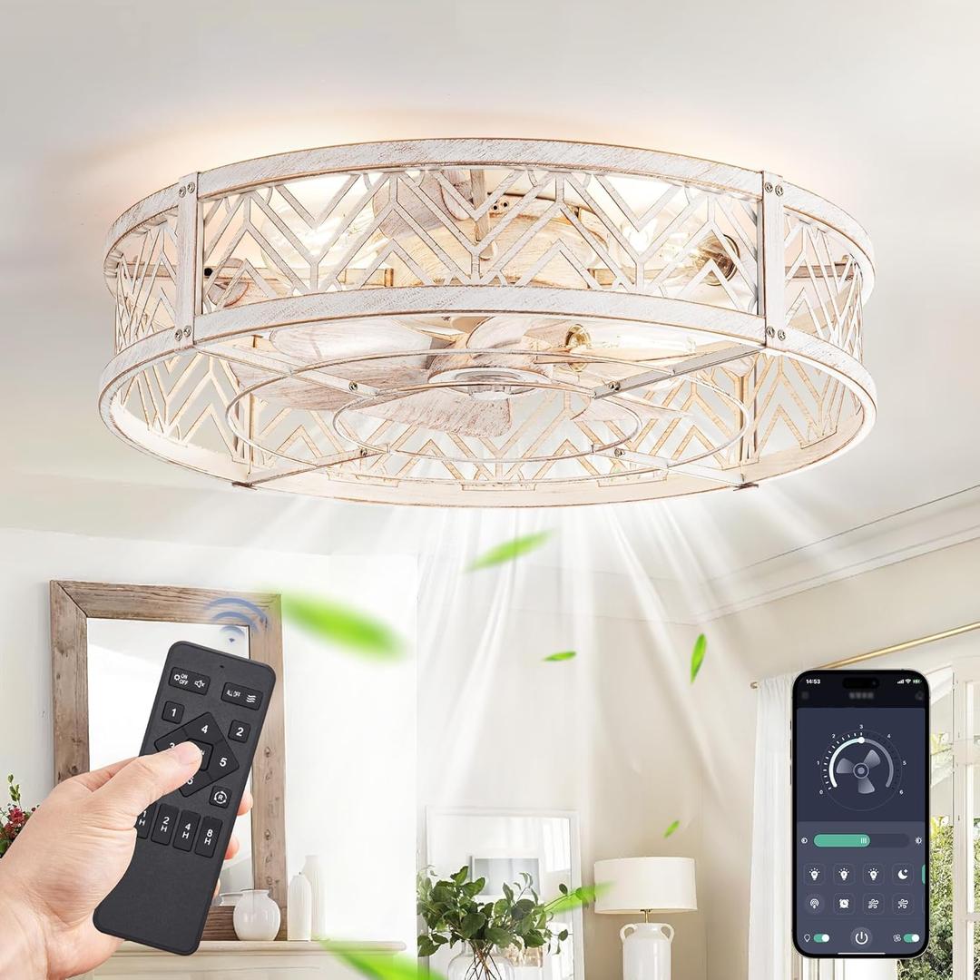 LEDIARY 23" Caged Ceiling Fan with Light, Large Flush Mount, App&Remote Control, Low Profile Bladeless Fan Light Fixture 6 Speed, Reversible and Quiet Motor-White Gold