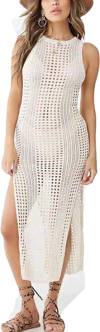 Bsubseach Womens Swimsuit Crochet Cover Up Sleeveless Bikini Swimwear Bathing Suit Beach Dress (One Size, Beige)