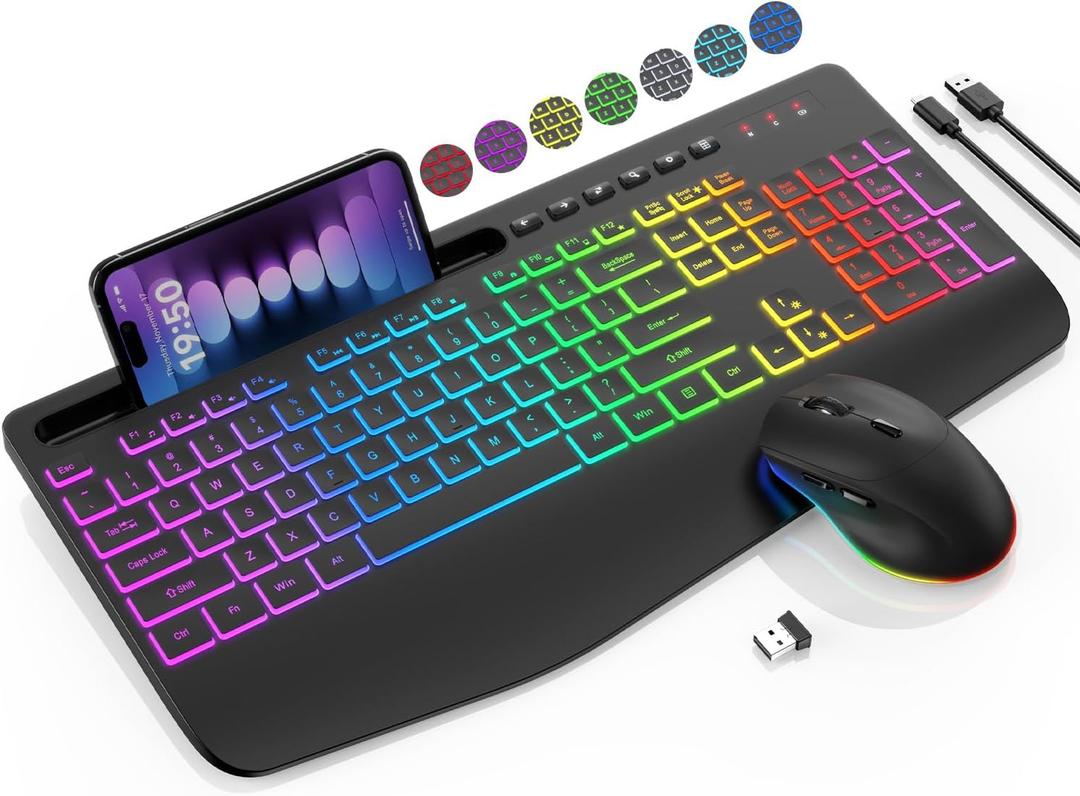 Wireless Keyboard and Mouse Combo - 9 Backlit Effects, RGB, Ergo Wrist Rest, Phone Holder, 2.4G Full Size, Rechargeable, Sleep Mode, KM22 MAX Quiet Set for Computer, PC, Laptop, Mac, Windows- SABLUTE (Classic Black)