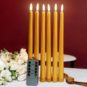 Gold Flameless Taper Candles with Remote, Flickering Christmas LED Candlesticks Battery Operated Set of 6