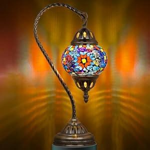 Marrakech Tiffany Style Stained Glass Table Lamp, Handmade Turkish Moroccan Mosaic Glass Lamp with Swan Neck Bronze Base, LED Bulb Included, Vintage Beside Lamp for Bedroom Decoration (Colorful1)