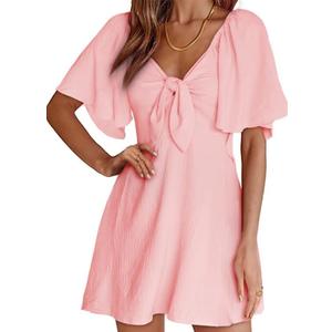 Dokotoo Womens Dresses 2026 Spring Summer Deep V Neck Elegant Cocktail Bow tie Mini Dress (Pink, L)