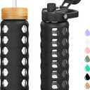 MUKOKO Glass Water Bottles, 24oz Glass Tumbler with Straw, Drinking Bottles with 2 Lids-Handle Spout Lid&Bamboo Straw Lid, Motivational Water Bottle with Time Marker and Silicone Sleeve, 1 Pack-Black