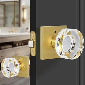 Privacy Crystal Door Knob Round Shape, Satin Brass Glass Door Knob Interior with Privacy Button, Vintage Crystal Doorknob for Bedroom, Bathroom
