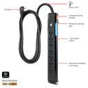 GE 7-Outlet Surge Protector, 4 Ft Power Cord, 1080 Joules, Flat Plug, Power Filter, Circuit Breaker, UL Listed, Black, 34460