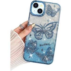 BITOBE Designed for iPhone 15, Cute 3D Butterfly Case Slim Plating Glitter Bling Luxury Cover for Women Girls Protective Camera Protection Bumper 6.1" Blue