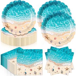 96 Pieces Summer Beach Ocean Tableware Set for 48 Guests Include 48 Pcs 7 Inch Dessert Plates and 48 Napkins Watercolor Disposable Dinnerware for Hawaiian Holiday Birthday Party Supplies