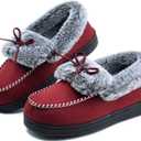 DL Womens Fuzzy Warm Moccasin Slippers Memory Foam, Soft Fluffy Women's Winter House Slipper Closed Back Fur Lined, Cozy Ladies Suede Indoor Bedroom Houseshoes Non-Slip (8, Burgundy)