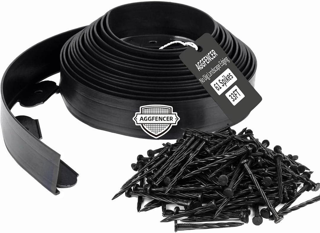 4 in x 33 Ft Garden Landscape Edging, No Dig Garden Edging Border Kit with 61 Pcs Spikes for Flower Bed Lawn Yard Grass Black