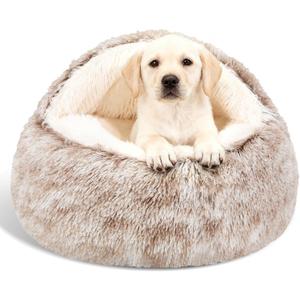 Calming Dog Beds & Cat Cave Bed with Hooded Cover, Removable Washable Round Beds for Small Medium Pets, Anti-Slip Faux Fur Fluffy Coved Bed for Improved Sleep, Fits up to 15/25 lbs(Medium,24"x24") (Coffee)