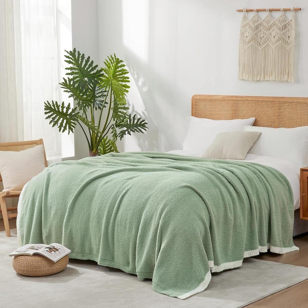 Snuggle Sac Sage Green Bedding Blankets Queen Size 90x90 inches, Reversible Microfiber Fluffy Fuzzy Soft Throw Cozy Knit Blanket for Women Mothers Birthday Gifts