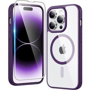 FNTCASE for iPhone 14 Pro-Max Case: Clear Magnetic Phone Cases with Screen Protector Compatible with Magsafe Slim Anti Yellowing Rugged Shockproof Protective Transparent Cell Phone Cover (B-Purple)