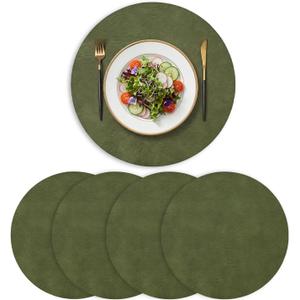 Artoid Mode Olive Green Faux Leather Placemats Set of 4, 15 Inch Waterproof Wipeable Heat Resistant Vinyl Place Mats, Reversible Table Mats for Kitchen Dining Decor