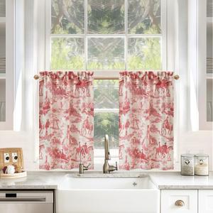 DriftAway Kitchen Curtains Toile Tier Linen Short Curtains Cafe 36 Inch Length for Living Room Bathroom Farmhouse French Country Vintage Printed Pattern Rod Pocket 2 Panels Red