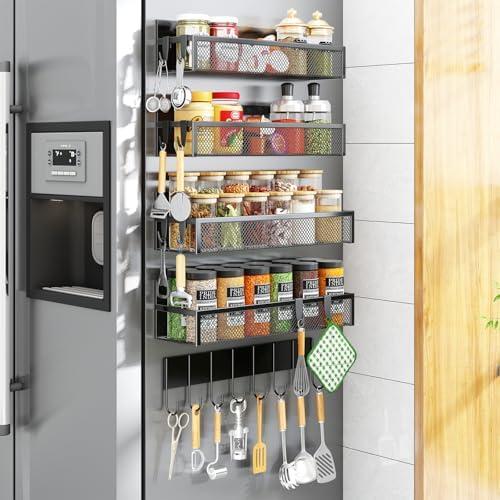 Aufworld Magnetic Spice Rack for Refrigerator, 5 Pack Magnetic Shelf, Moveable Magnetic Fridge Organizer with an 8-Hook Rack, Seasoning Organizer for Kitchen Organization (Extra with 8 Hooks)