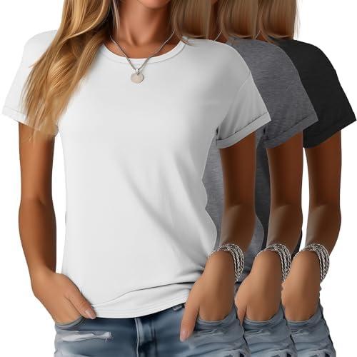 Huukeay 3 Pack Women's T Shirts Cotton Loose Fit Crew Neck Basic Tees Casual Rolled Short Sleeve Tops Size XXL