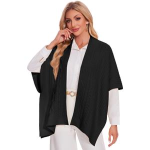 PULI Womens Cable Knit Open Front Poncho Sweater Chunky Warm Shawls Cape for Fall Winter (Black)