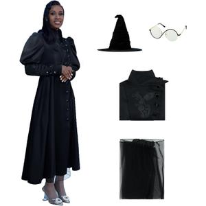 Women Elphaba Costume West Bad Witch Dress Glasses Hat Halloween Wizard Themed Party Outfit Black (X-Large)