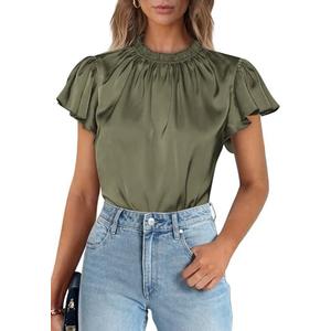 PRETTYGARDEN Business Casual Tops for Women Blouses Dressy 2025 Summer Short Sleeve Ruffle Satin Work Office Attire, L