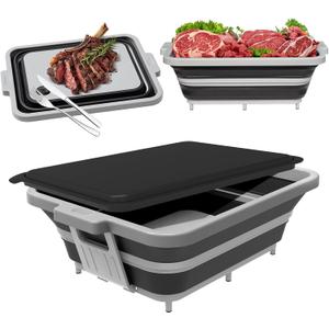 Collapsible BBQ Prep Tub with Lid  2 Gal (8 L) Foldable Camping Sink & Colander, 4-in-1 Marinating Tub, Cutting Board, Serving Tray & Drink Chiller for Picnic, BBQ & Outdoor